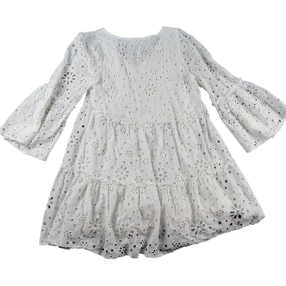 Mud Pie Women's Medium Eyelet White Mini Dress Tunic Top Boho Cowgirl Festival - Picture 2 of 8
